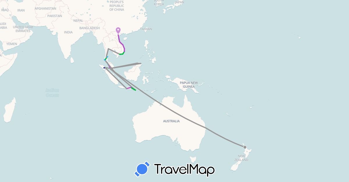 TravelMap itinerary: driving, bus, plane, train, boat in Australia, Indonesia, Malaysia, New Zealand, Singapore, Thailand, Vietnam (Asia, Oceania)